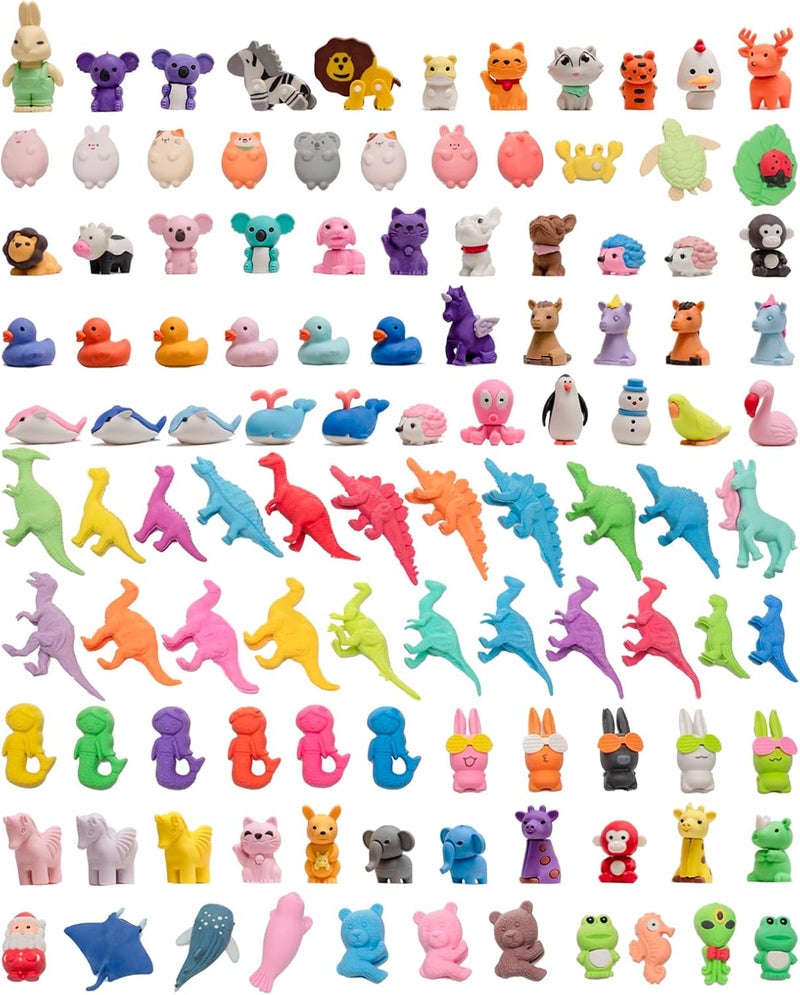 Clock King 110Pcs 3D Animal Erasers for Kids, All are Animal Styles, Random Desktop Pets Toys Gifts, Mini Puzzle Classroom Rewards, Kids Party Favors Back to School Supplies - Image 1
